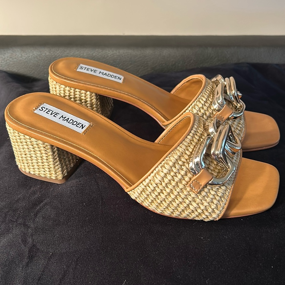 Steve Madden Tan and Silver Block Heel Sandals